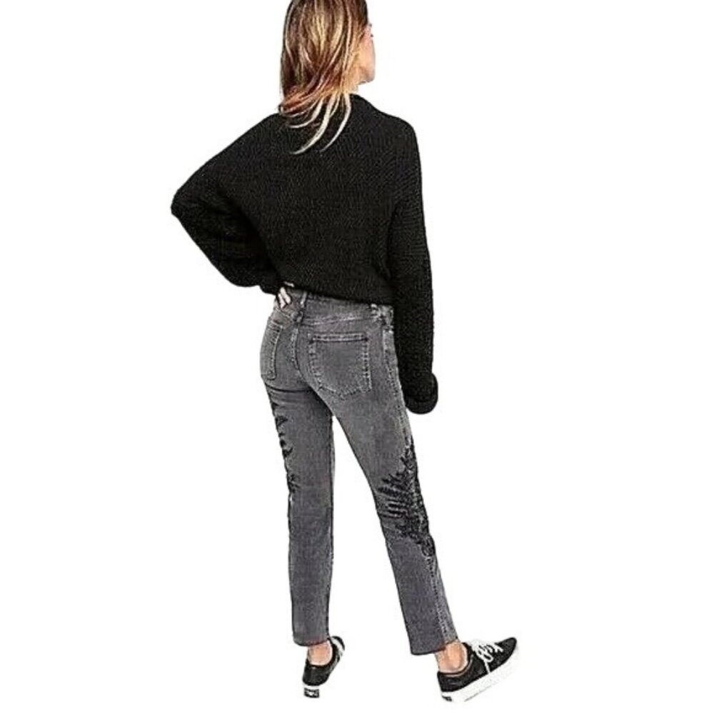 NWOT Free People Gray Embroidered High-Rise Straight Leg Girlfriend Jeans | Boho - Picture 9 of 15